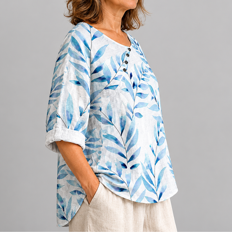 Women's Relaxed Fit Leaf Print Blouse with 3/4 Sleeves and Button Placket