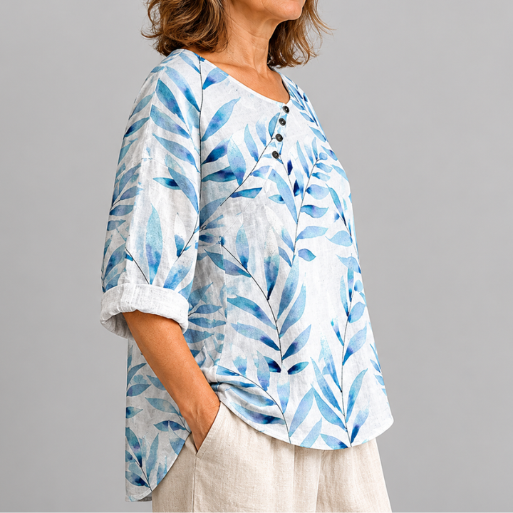 Women's Relaxed Fit Leaf Print Blouse with 3/4 Sleeves and Button Placket