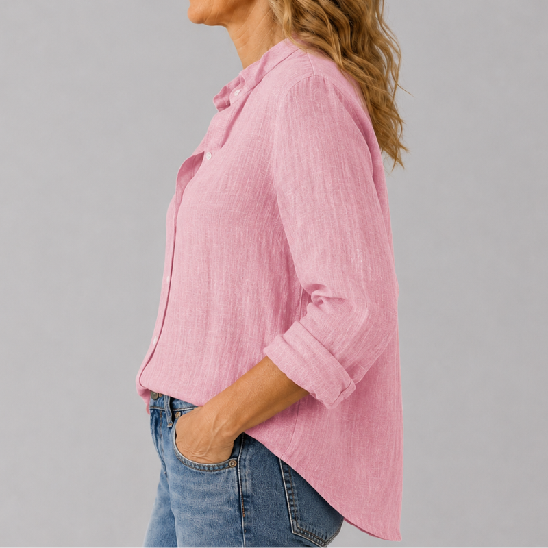 Women's Long Sleeve Button-Down Shirt with Lapel Detail and Curved Hem