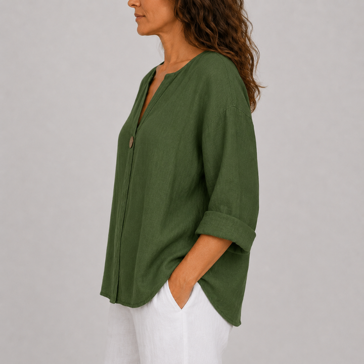 Women's V-Neck Blouse with Single Button Detail and Rolled Sleeves