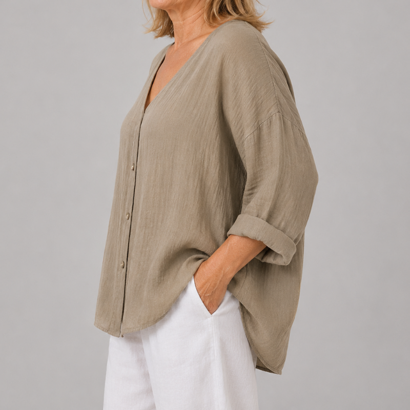 Women's Relaxed Fit V-Neck Blouse with 3/4 Sleeves and Button Front