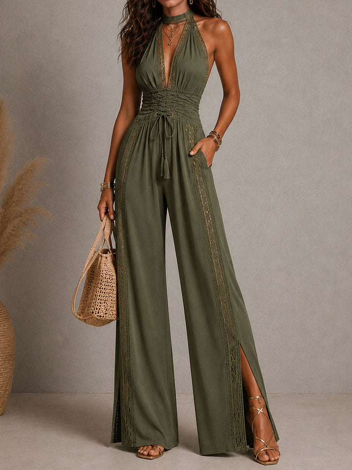 Women's Lace Panel Halter Neck Wide Leg Jumpsuit