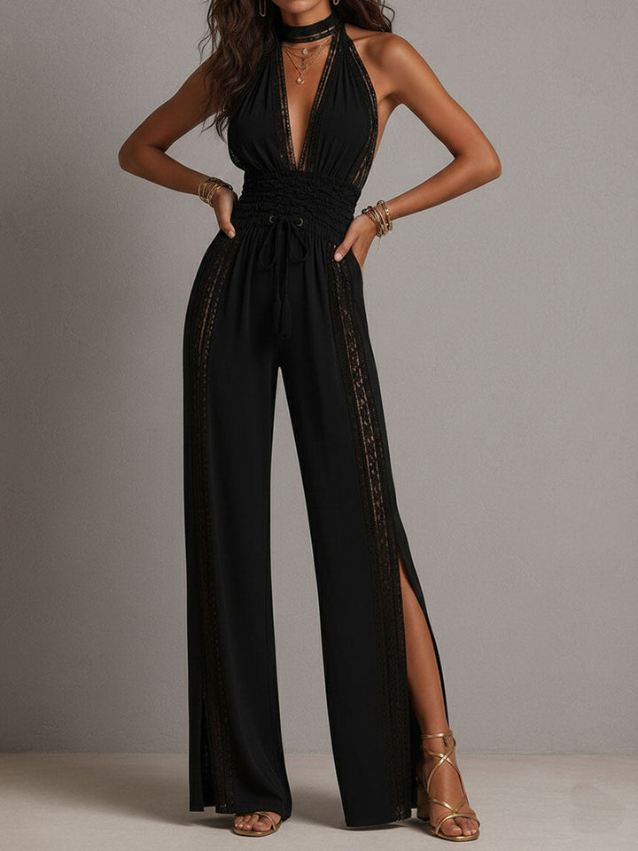 Women's Lace Panel Halter Neck Wide Leg Jumpsuit