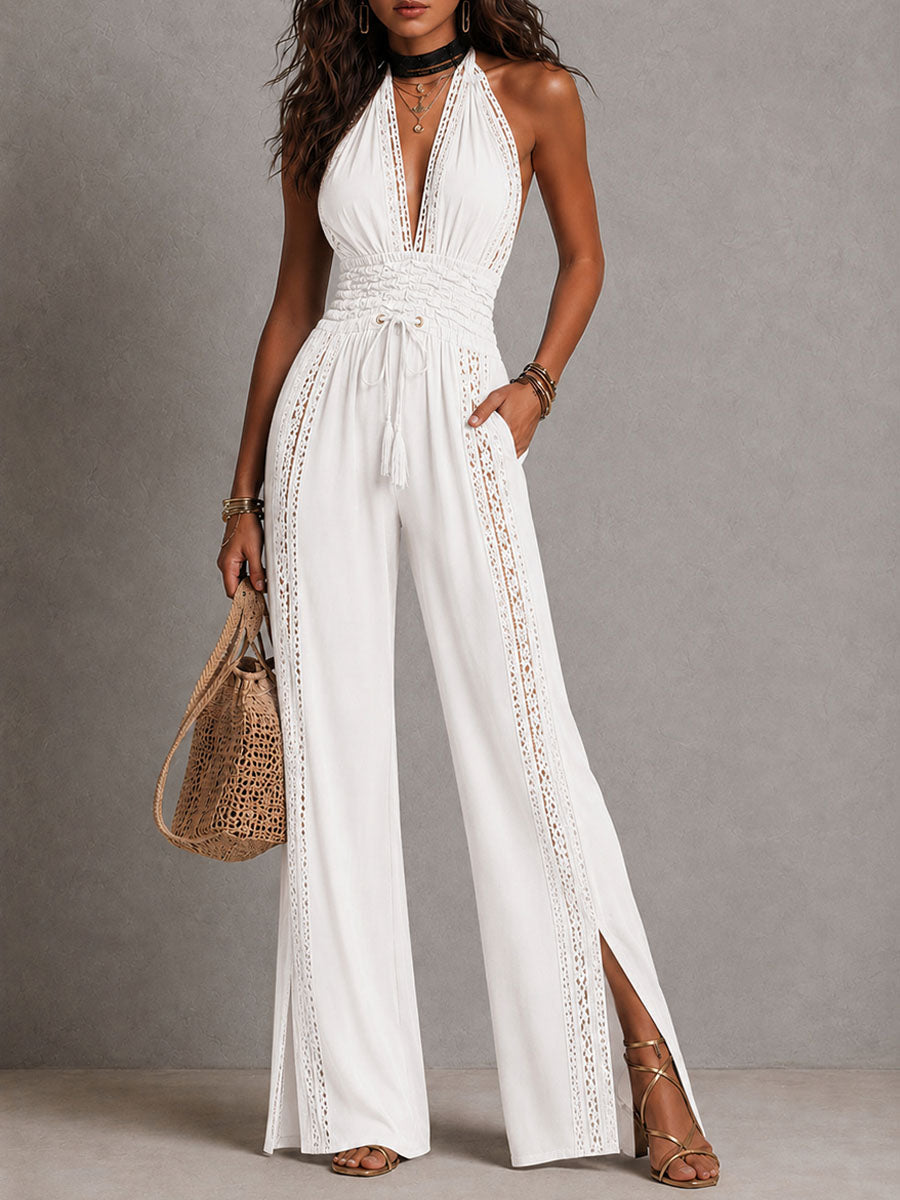 Women's Lace Panel Halter Neck Wide Leg Jumpsuit