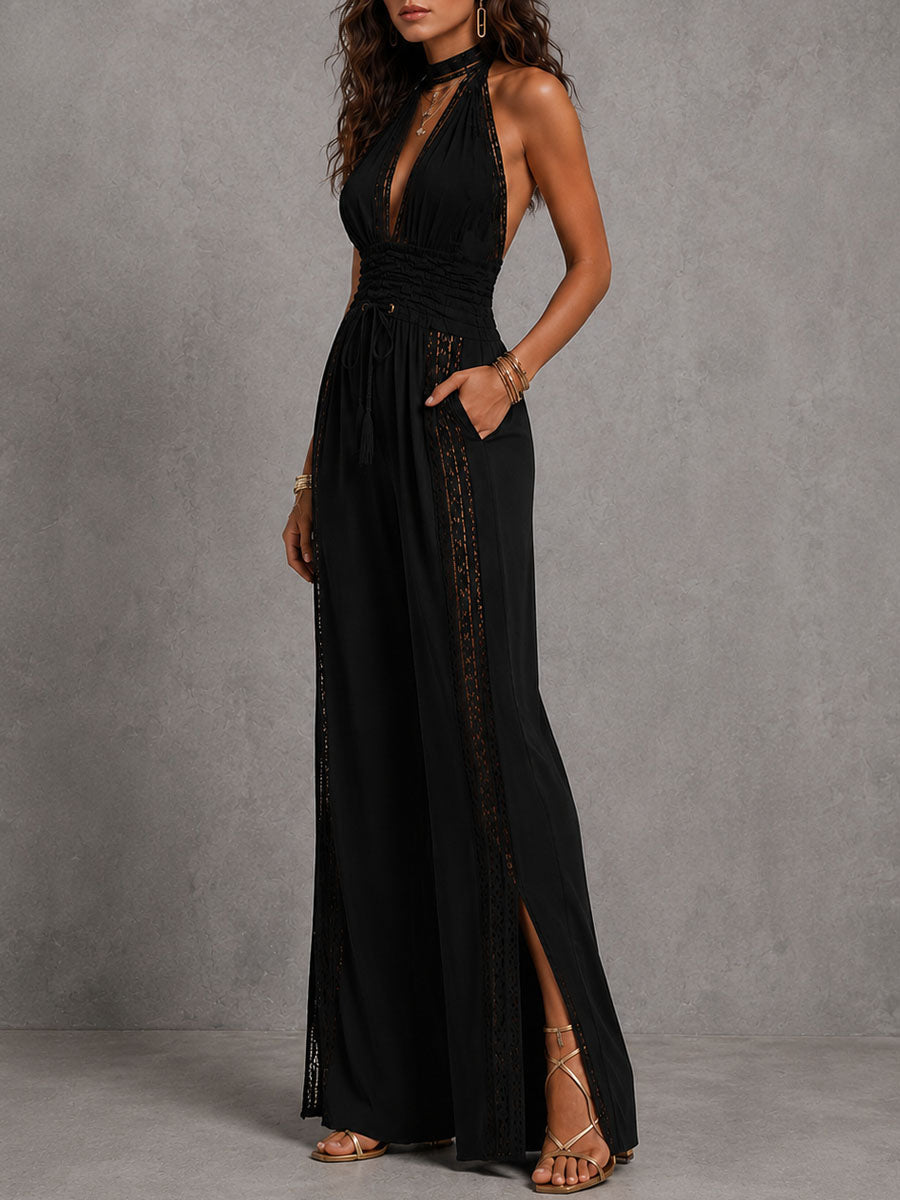 Women's Lace Panel Halter Neck Wide Leg Jumpsuit