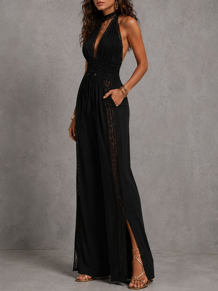 Women's Lace Panel Halter Neck Wide Leg Jumpsuit