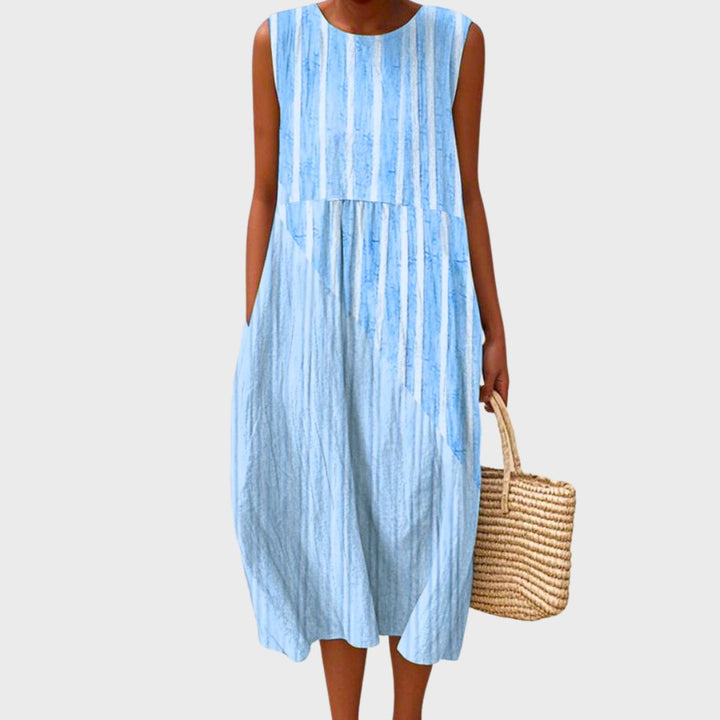Women's Striped Sleeveless Midi Dress Smocked Waist