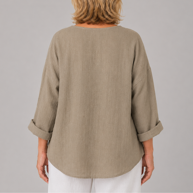 Women's Relaxed Fit V-Neck Blouse with 3/4 Sleeves and Button Front
