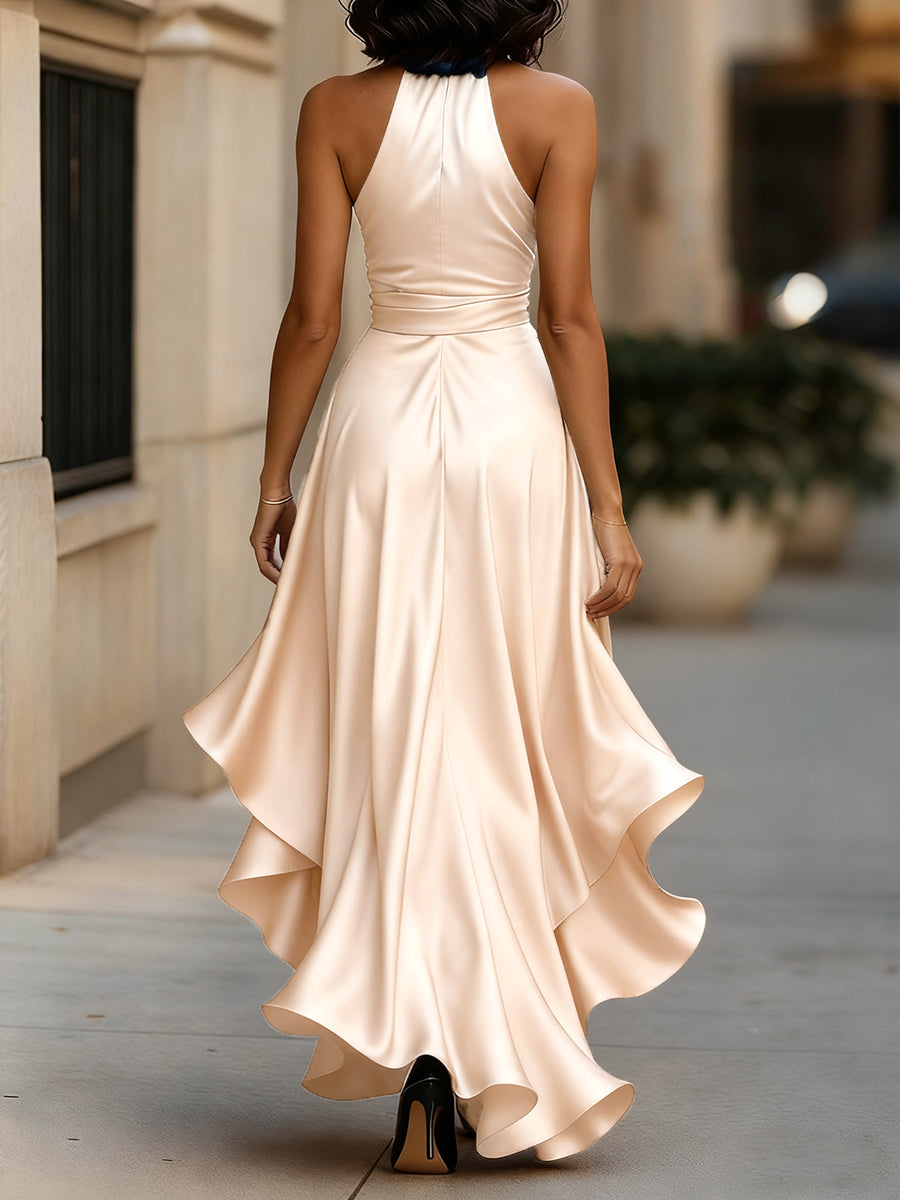 Women's Satin Halter Neck Bow Waist High-Low Ruffle Maxi Gown