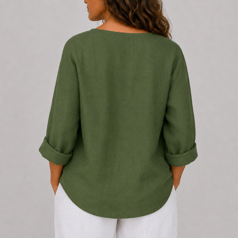 Women's V-Neck Blouse with Single Button Detail and Rolled Sleeves