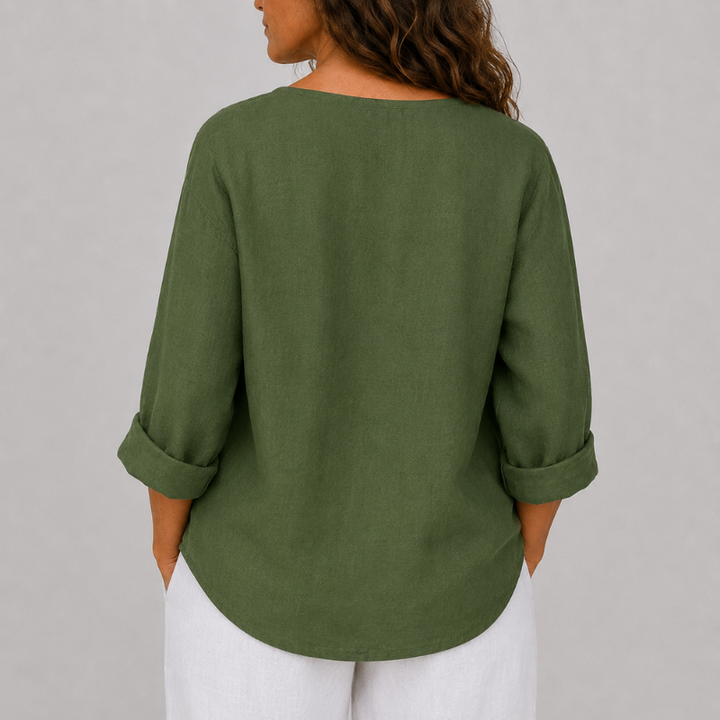 Women's V-Neck Blouse with Single Button Detail and Rolled Sleeves