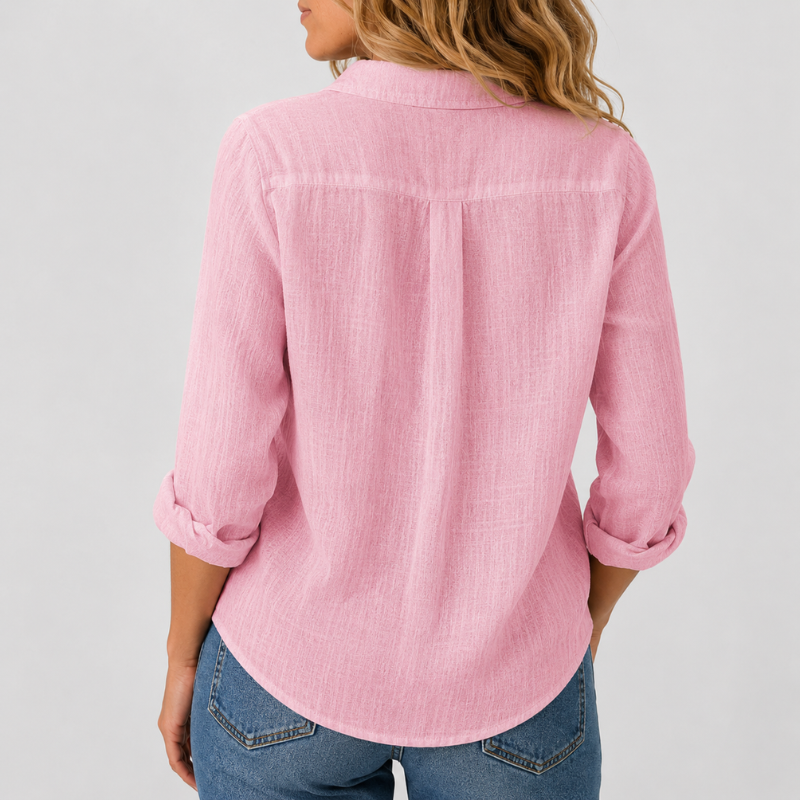 Women's Long Sleeve Button-Down Shirt with Lapel Detail and Curved Hem