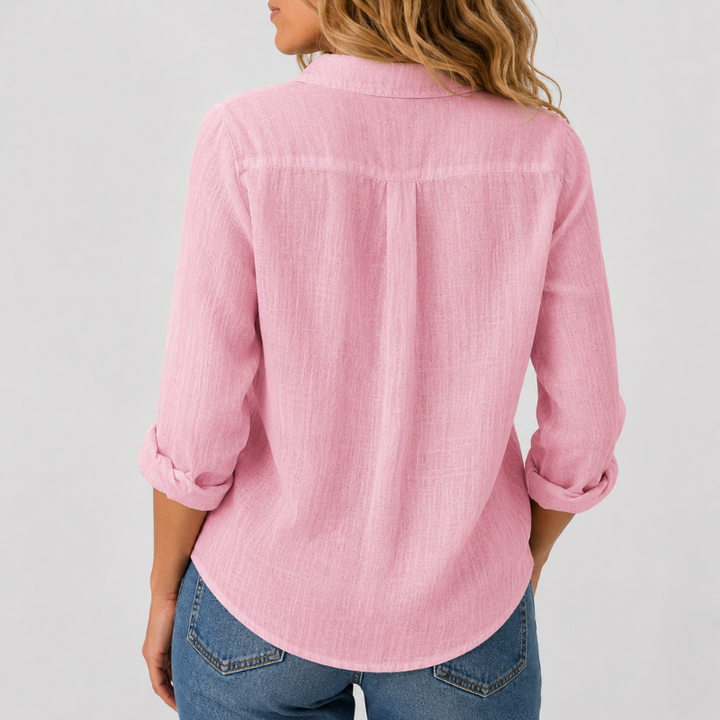 Women's Long Sleeve Button-Down Shirt with Lapel Detail and Curved Hem