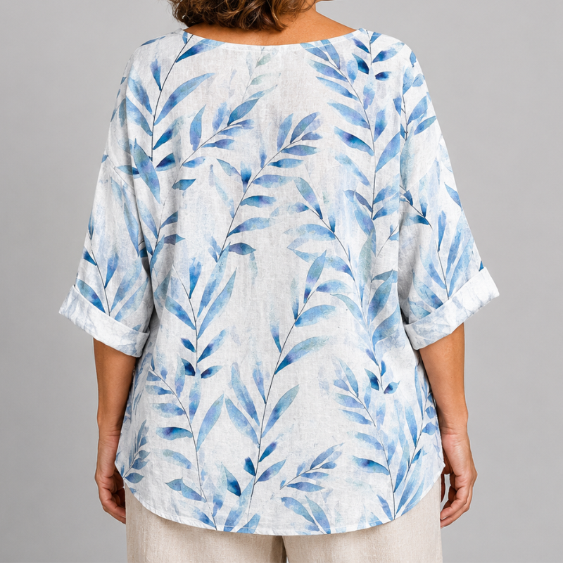 Women's Relaxed Fit Leaf Print Blouse with 3/4 Sleeves and Button Placket