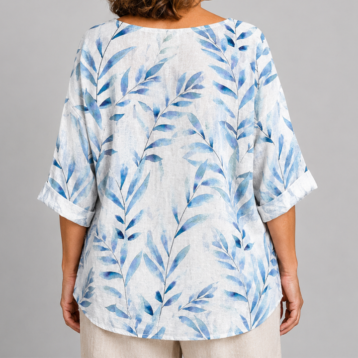 Women's Relaxed Fit Leaf Print Blouse with 3/4 Sleeves and Button Placket