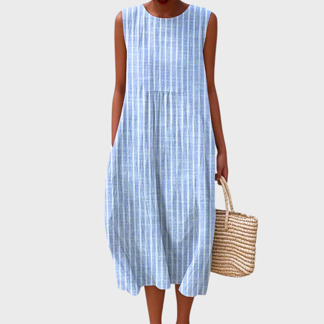 Women's Striped Sleeveless Midi Dress Smocked Waist