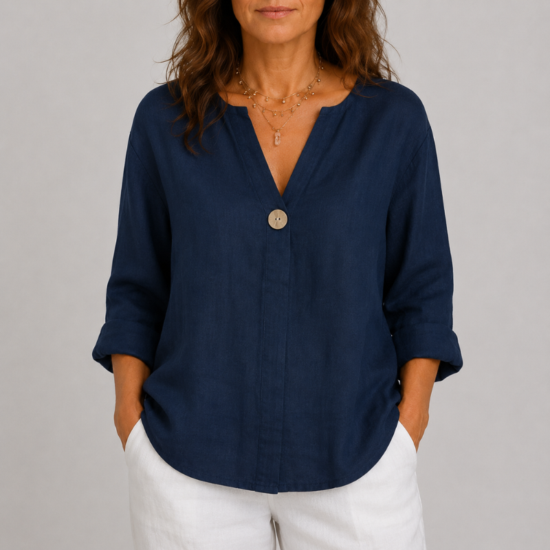 Women's V-Neck Blouse with Single Button Detail and Rolled Sleeves