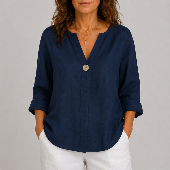 Women's V-Neck Blouse with Single Button Detail and Rolled Sleeves