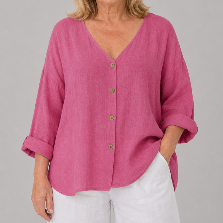 Women's Relaxed Fit V-Neck Blouse with 3/4 Sleeves and Button Front