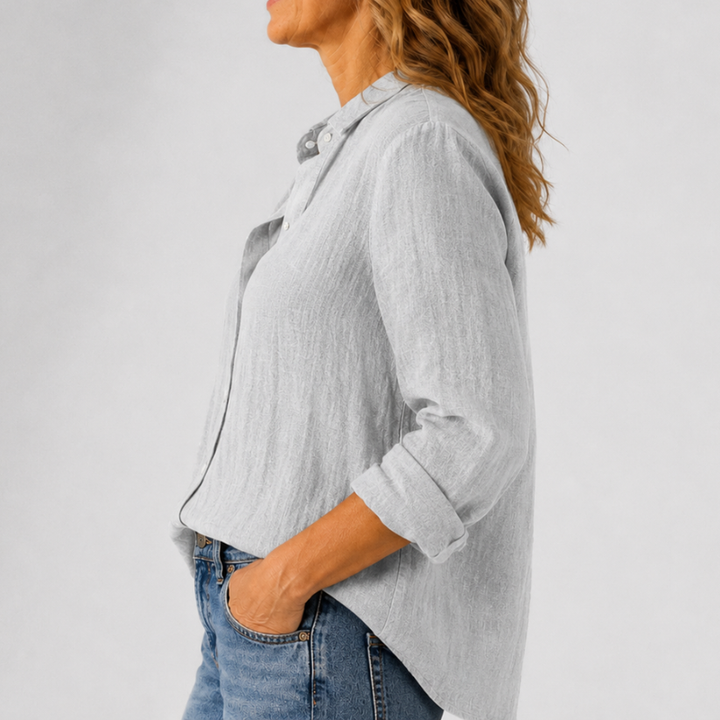Women's Long Sleeve Button-Down Shirt with Lapel Detail and Curved Hem
