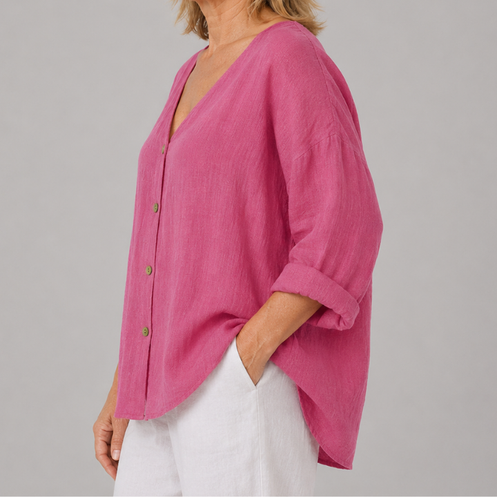 Women's Relaxed Fit V-Neck Blouse with 3/4 Sleeves and Button Front