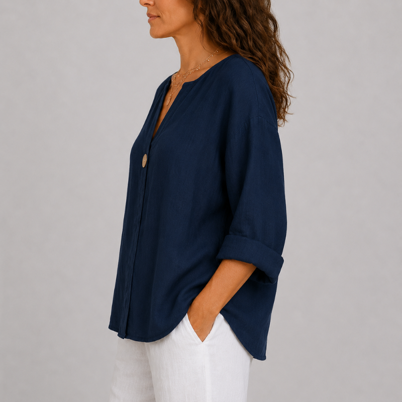 Women's V-Neck Blouse with Single Button Detail and Rolled Sleeves