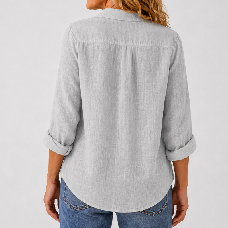 Women's Long Sleeve Button-Down Shirt with Lapel Detail and Curved Hem