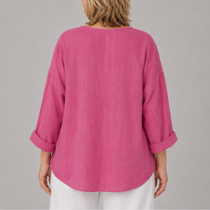 Women's Relaxed Fit V-Neck Blouse with 3/4 Sleeves and Button Front