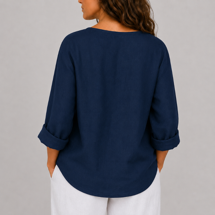 Women's V-Neck Blouse with Single Button Detail and Rolled Sleeves