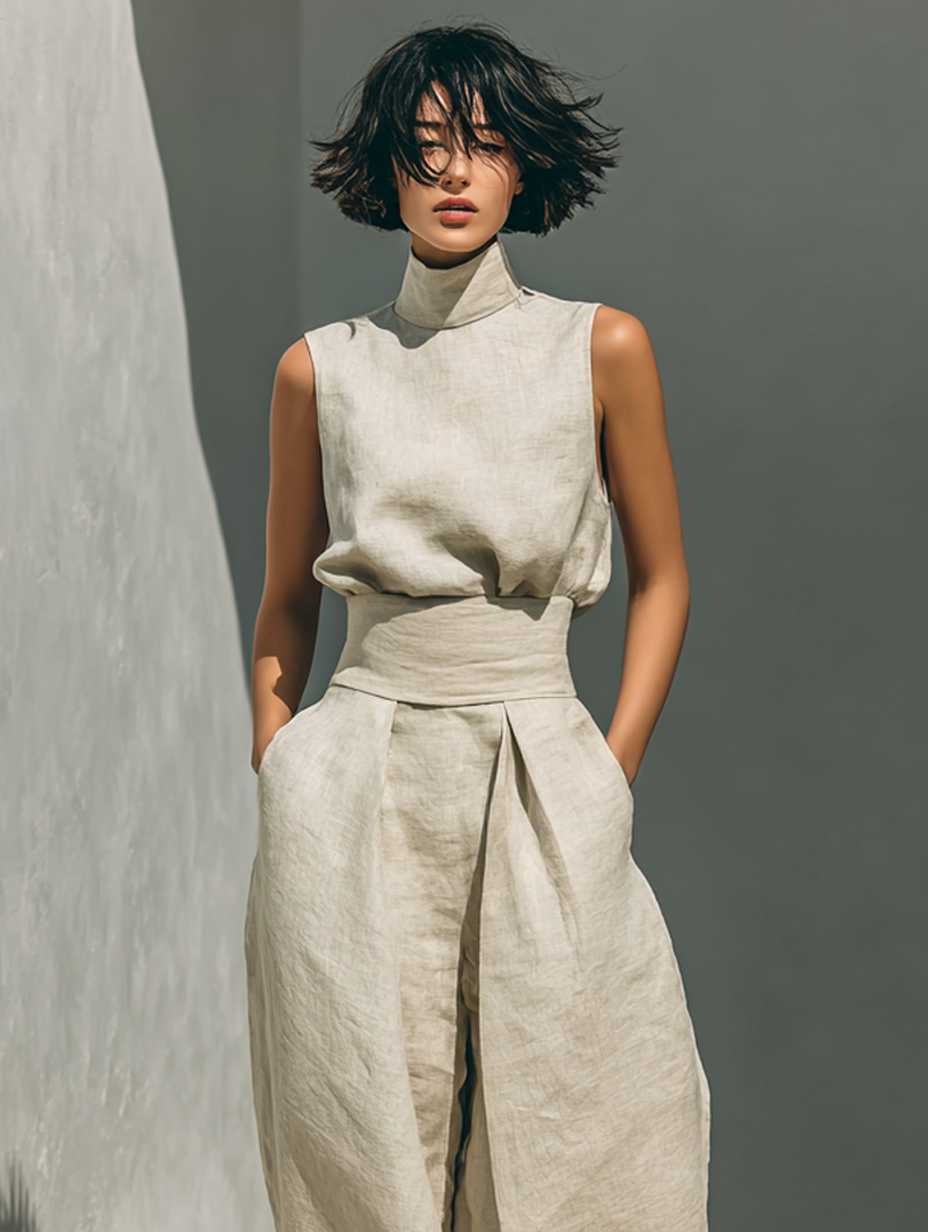 Linen Wide Leg Trousers and Top Matching Set Sleeveless