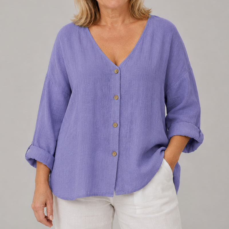 Women's Relaxed Fit V-Neck Blouse with 3/4 Sleeves and Button Front