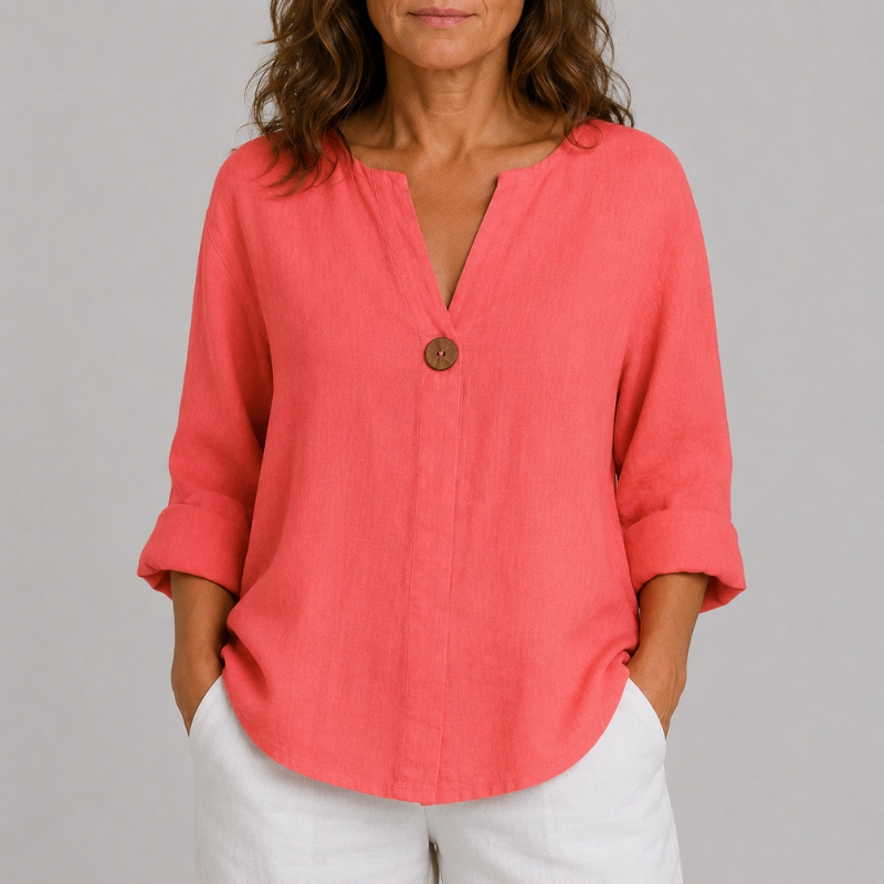 Women's V-Neck Blouse with Single Button Detail and Rolled Sleeves