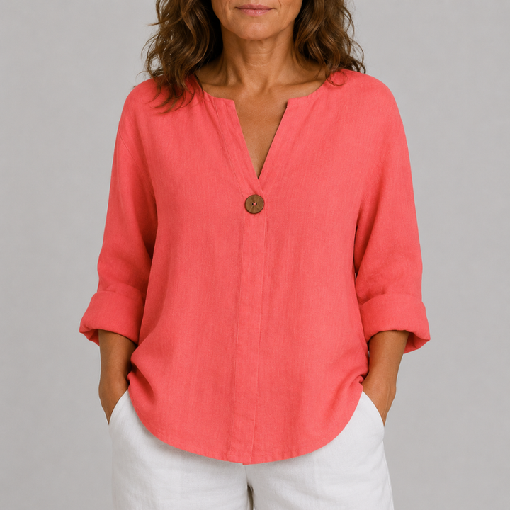 Women's V-Neck Blouse with Single Button Detail and Rolled Sleeves