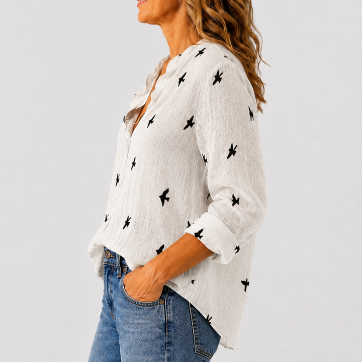 Women's Long Sleeve Button-Down Shirt with Lapel Detail and Curved Hem