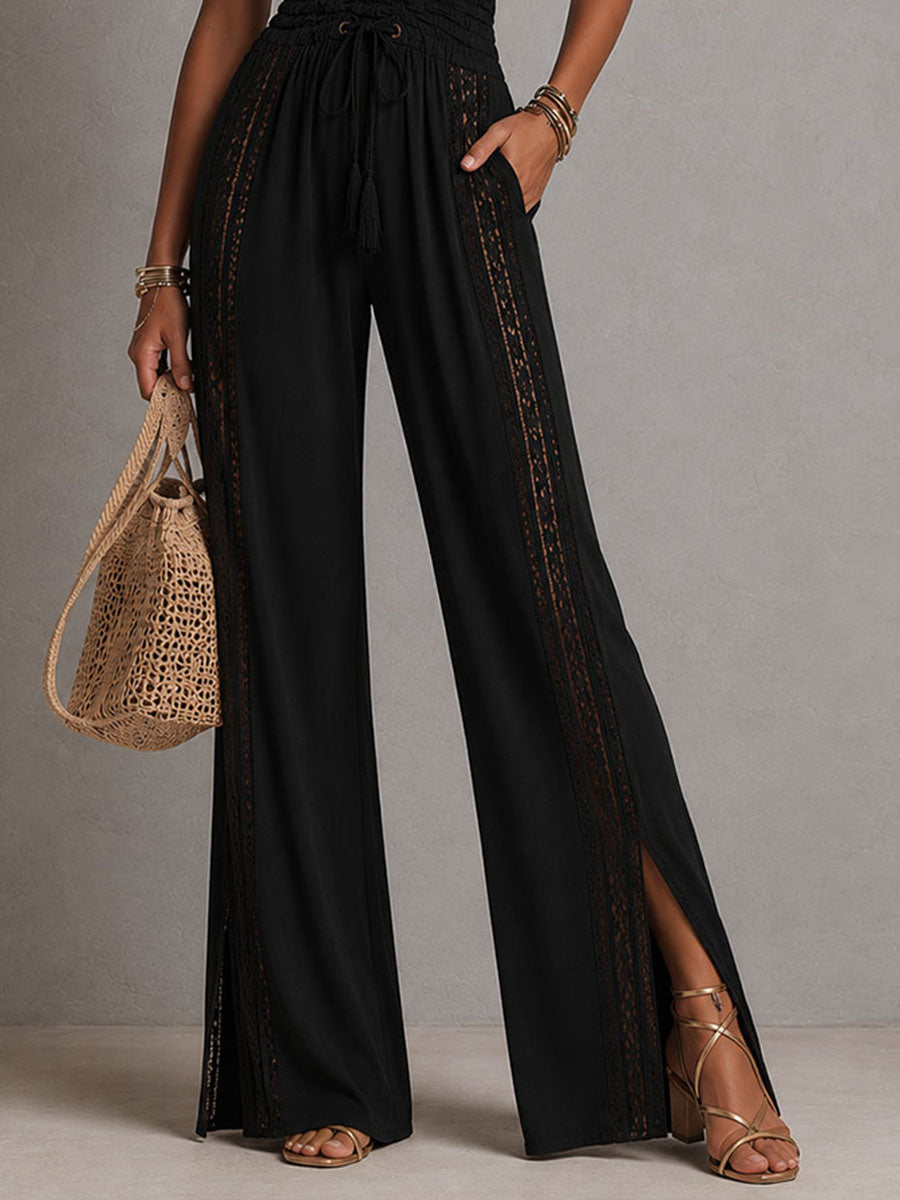 Women's Lace Panel Halter Neck Wide Leg Jumpsuit