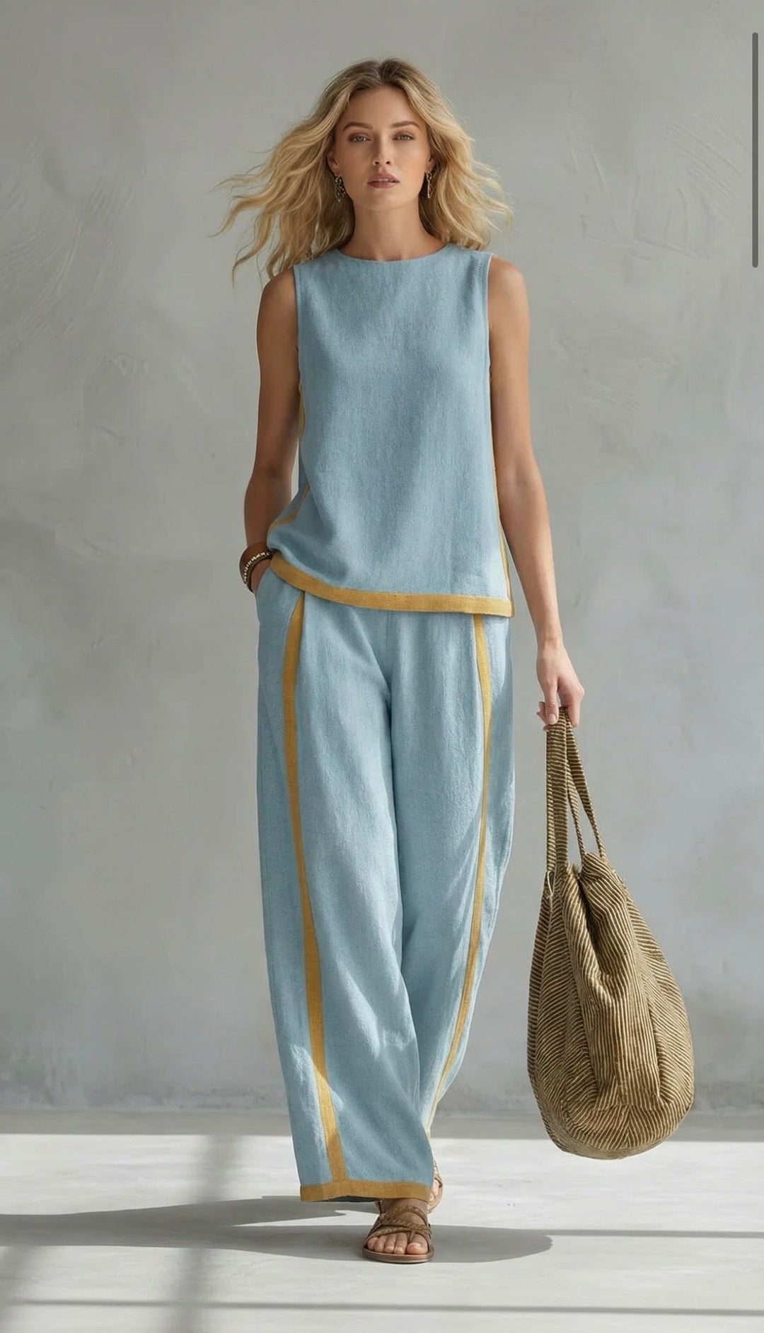 Women's Sleeveless Wide Leg Pants Set Contrast Trim