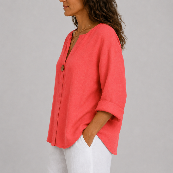 Women's V-Neck Blouse with Single Button Detail and Rolled Sleeves