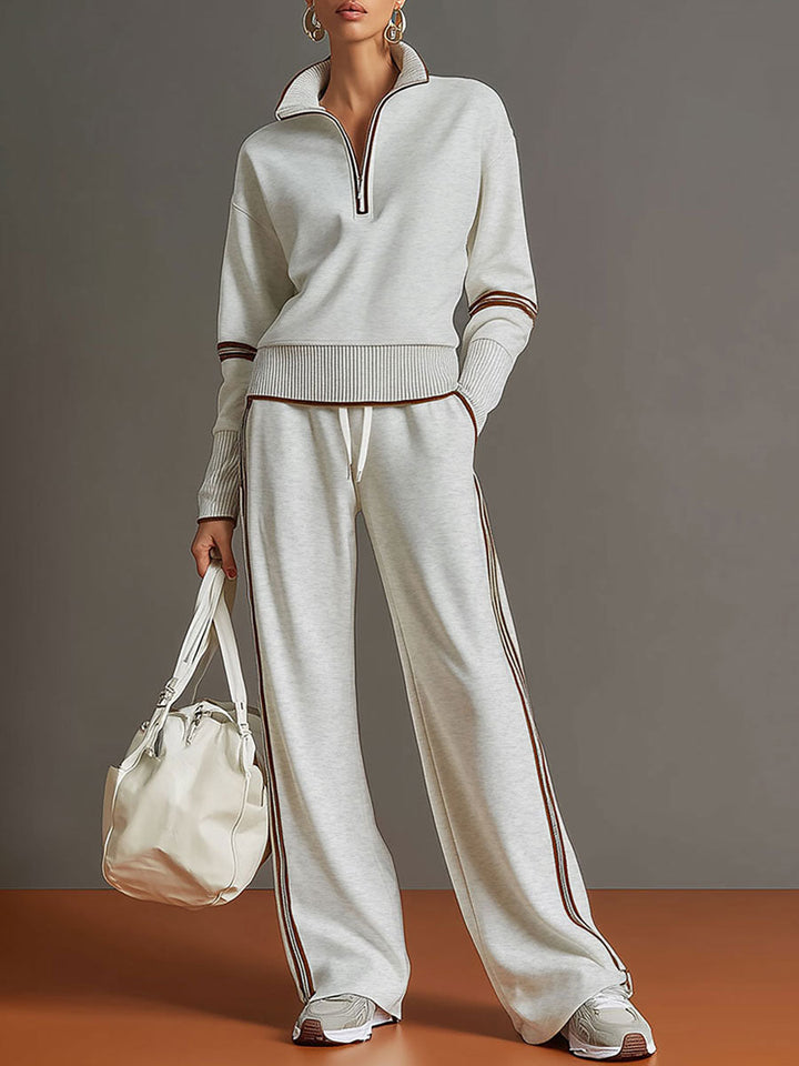 Women's Contrast Trim Half-Zip Jumper and Wide-Leg Trousers Set
