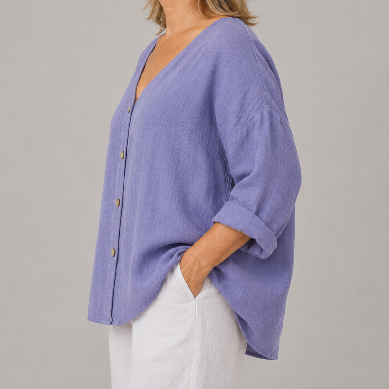 Women's Relaxed Fit V-Neck Blouse with 3/4 Sleeves and Button Front