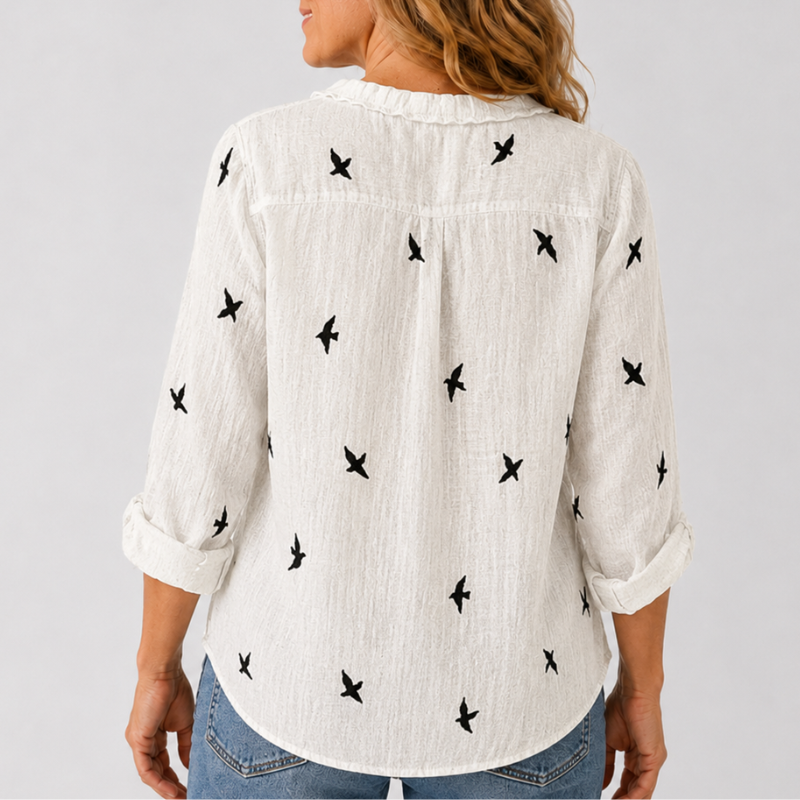 Women's Long Sleeve Button-Down Shirt with Lapel Detail and Curved Hem