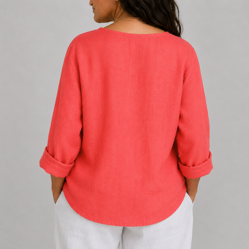 Women's V-Neck Blouse with Single Button Detail and Rolled Sleeves