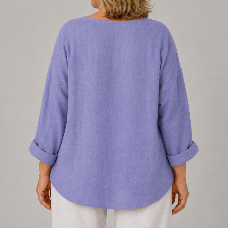 Women's Relaxed Fit V-Neck Blouse with 3/4 Sleeves and Button Front