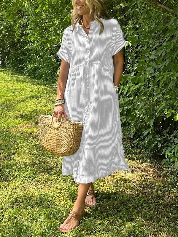 Women's Striped Button Up Midi Dress with Spread Collar and Gathered Waist