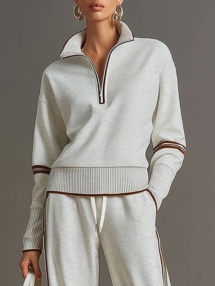 Women's Contrast Trim Half-Zip Jumper and Wide-Leg Trousers Set