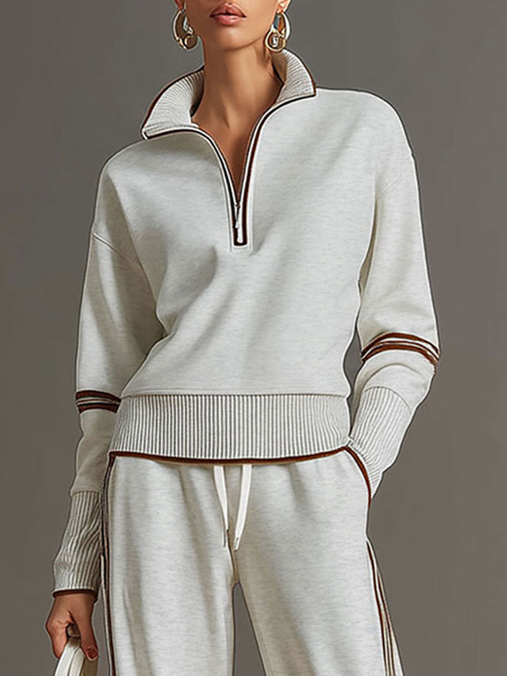 Women's Contrast Trim Half-Zip Jumper and Wide-Leg Trousers Set