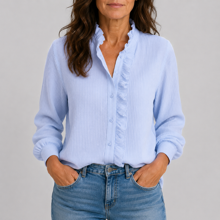 Women's Long Sleeve Button-Down Blouse with Ruffle Collar and Textured Weave