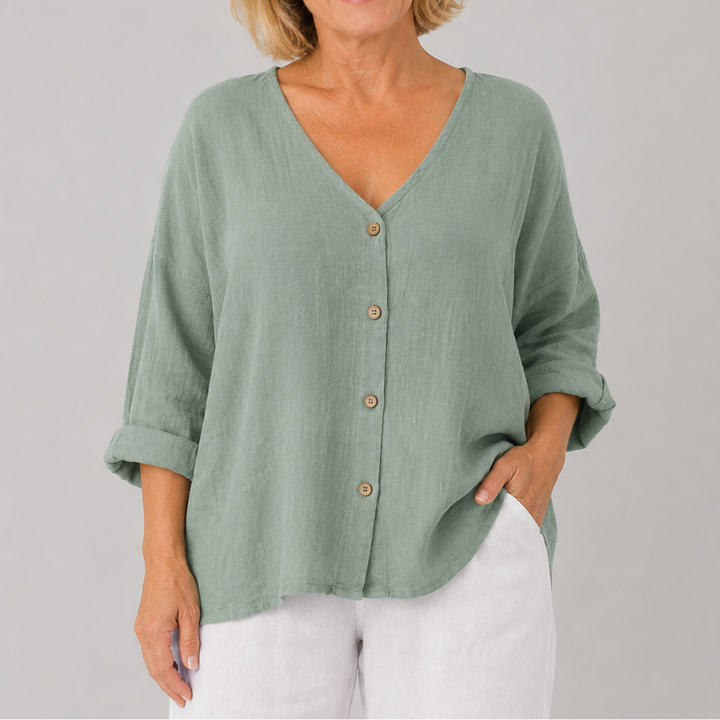 Women's Relaxed Fit V-Neck Blouse with 3/4 Sleeves and Button Front