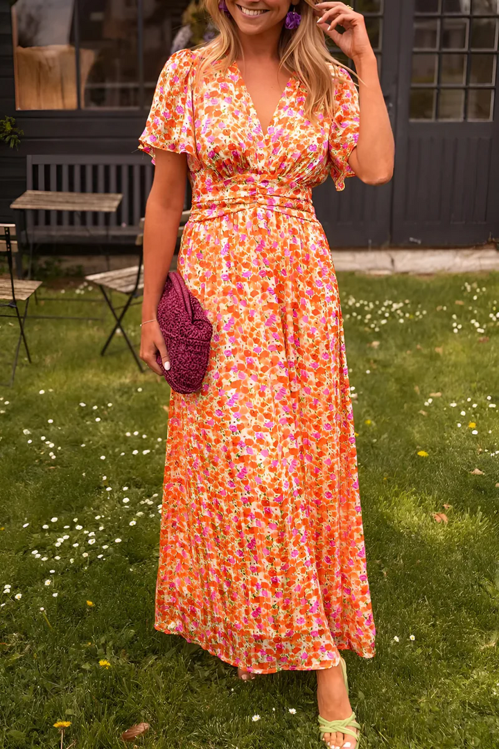 Floral Maxi Dress V-Neck Flutter Sleeve Ruched Waist