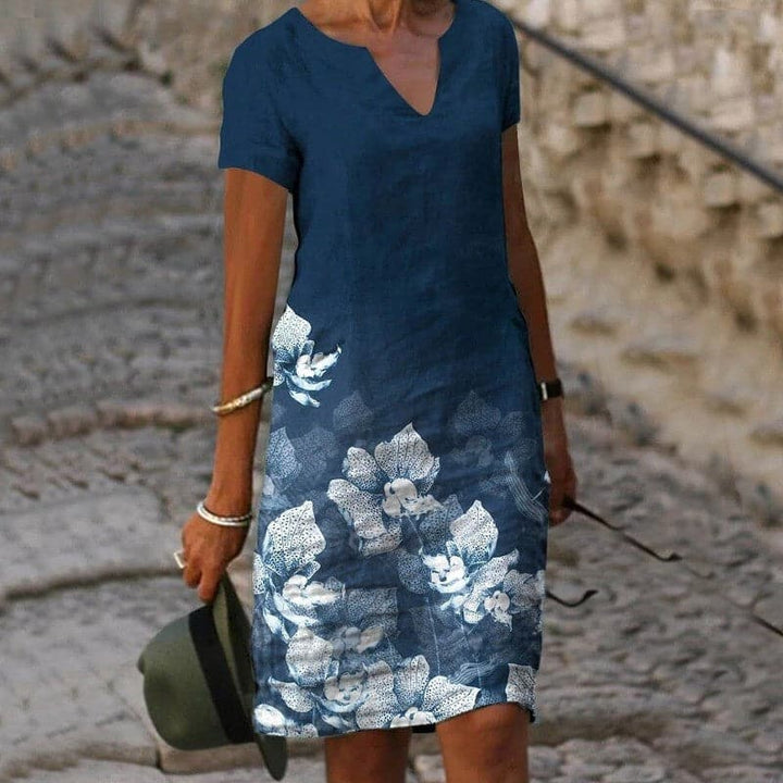 Women's Floral Border Print V-Neck Short Sleeve Midi Dress
