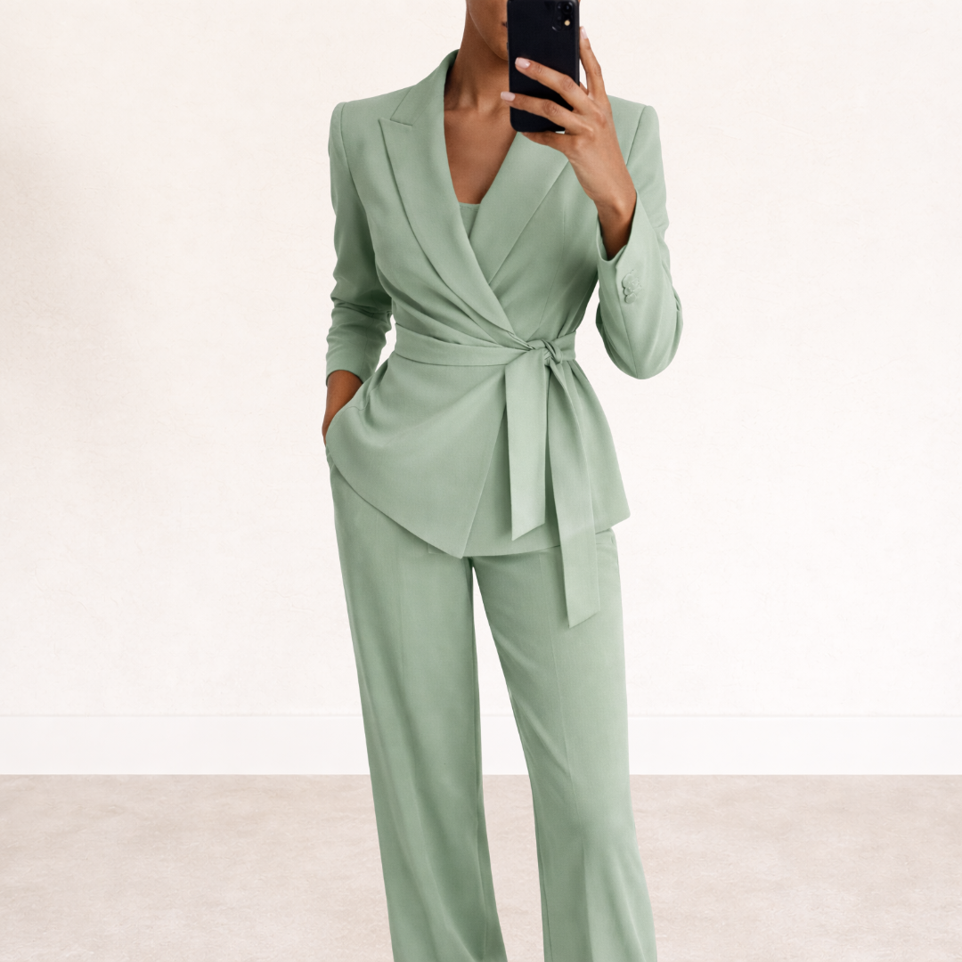Women's Two-Piece Belted Wrap Blazer and Wide-Leg Trousers Suit